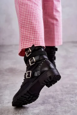 Boto Botki Sznurowane|Czarne Botki*Damskie Skórzane Botki Z Ozdobnymi Paskami Czarne Russo