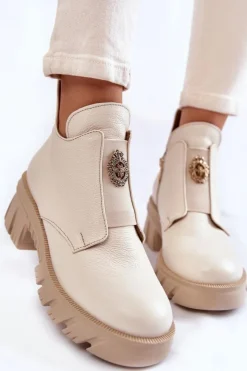 Boto Botki Zimowe Damskie|Brązowe I Beżowe Botki*Damskie Skórzane Botki Z Ozdobą Jasnobeżowe Lemar Maley