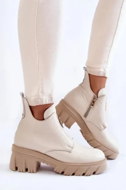 Boto Botki Zimowe Damskie|Brązowe I Beżowe Botki*Damskie Skórzane Botki Z Ozdobą Jasnobeżowe Lemar Maley