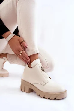 Boto Botki Zimowe Damskie|Brązowe I Beżowe Botki*Damskie Skórzane Botki Z Ozdobą Jasnobeżowe Lemar Maley