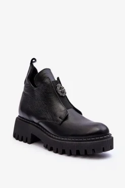 Damskie Boto Damskie Skórzane Botki Z Ozdobą Czarne Lemar Lusanna