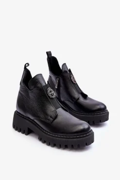 Damskie Boto Damskie Skórzane Botki Z Ozdobą Czarne Lemar Lusanna