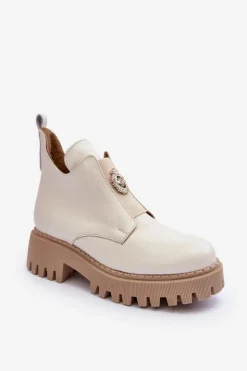 New Boto Damskie Skórzane Botki Z Ozdobą Jasnobeżowe Lemar Lusanna