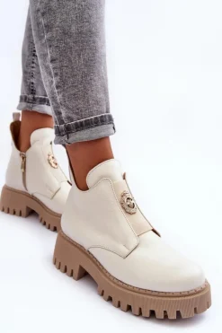 New Boto Damskie Skórzane Botki Z Ozdobą Jasnobeżowe Lemar Lusanna