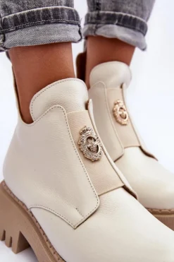 New Boto Damskie Skórzane Botki Z Ozdobą Jasnobeżowe Lemar Lusanna