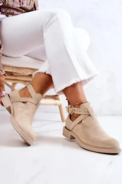 Damskie Boto Damskie Skórzane Botki Z Wycięciem Jasnobeżowe Ramos