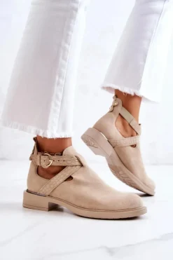 Damskie Boto Damskie Skórzane Botki Z Wycięciem Jasnobeżowe Ramos