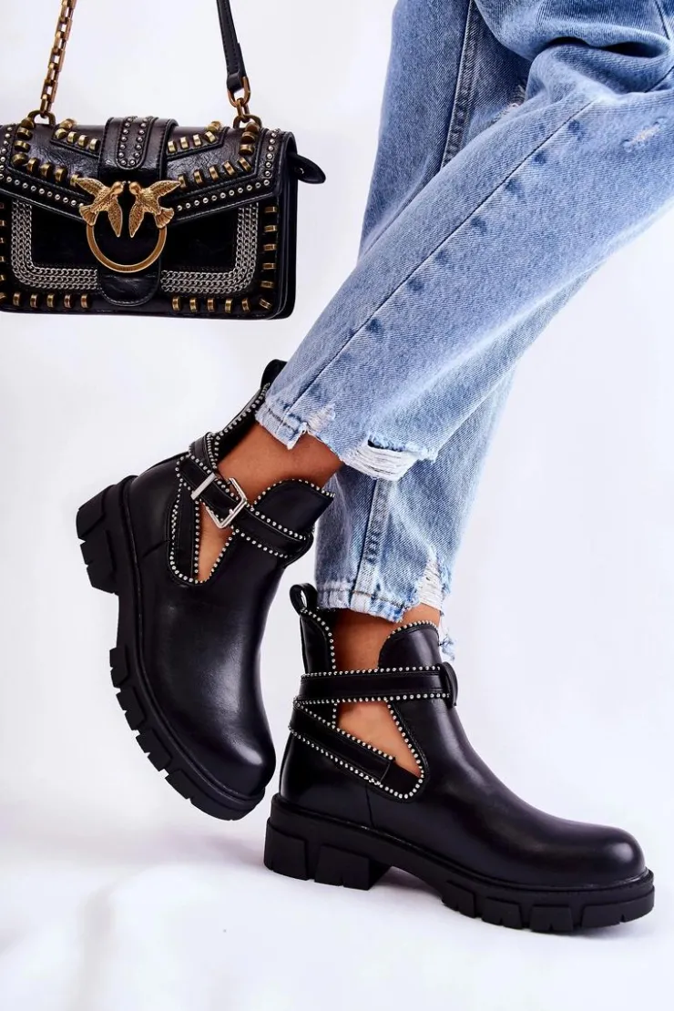 Outlet Boto Damskie Skórzane Botki Z Ćwiekami Czarne Clares