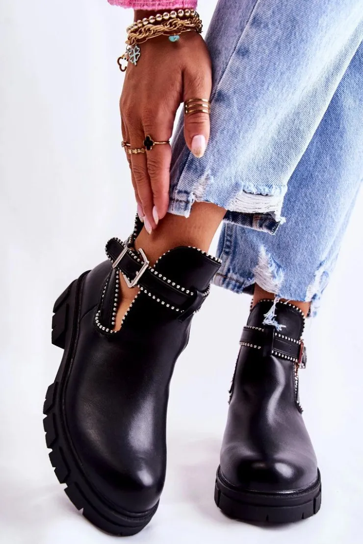 Outlet Boto Damskie Skórzane Botki Z Ćwiekami Czarne Clares