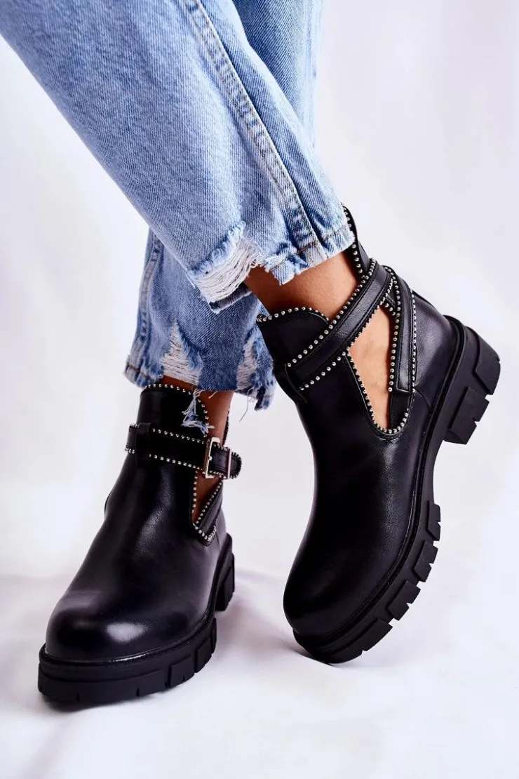 Outlet Boto Damskie Skórzane Botki Z Ćwiekami Czarne Clares