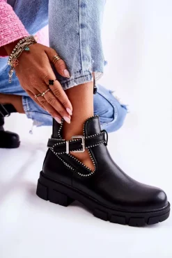 Outlet Boto Damskie Skórzane Botki Z Ćwiekami Czarne Clares