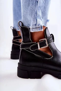 Outlet Boto Damskie Skórzane Botki Z Ćwiekami Czarne Clares