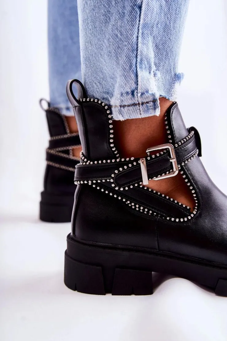 Outlet Boto Damskie Skórzane Botki Z Ćwiekami Czarne Clares