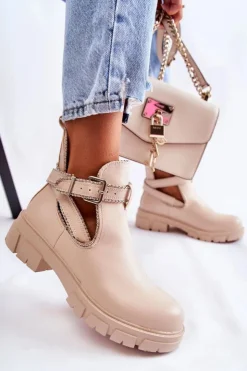 Boto Brązowe I Beżowe Botki|Botki Płaskie*Damskie Skórzane Botki Z Ćwiekami Beżowe Clares