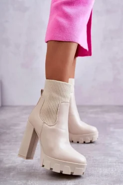 Boto Botki Na Słupku|Brązowe I Beżowe Botki*Damskie Skórzane Botki Ze Skarpetą Beżowe Adalyn