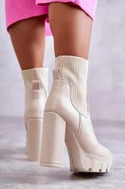 Boto Botki Na Słupku|Brązowe I Beżowe Botki*Damskie Skórzane Botki Ze Skarpetą Beżowe Adalyn