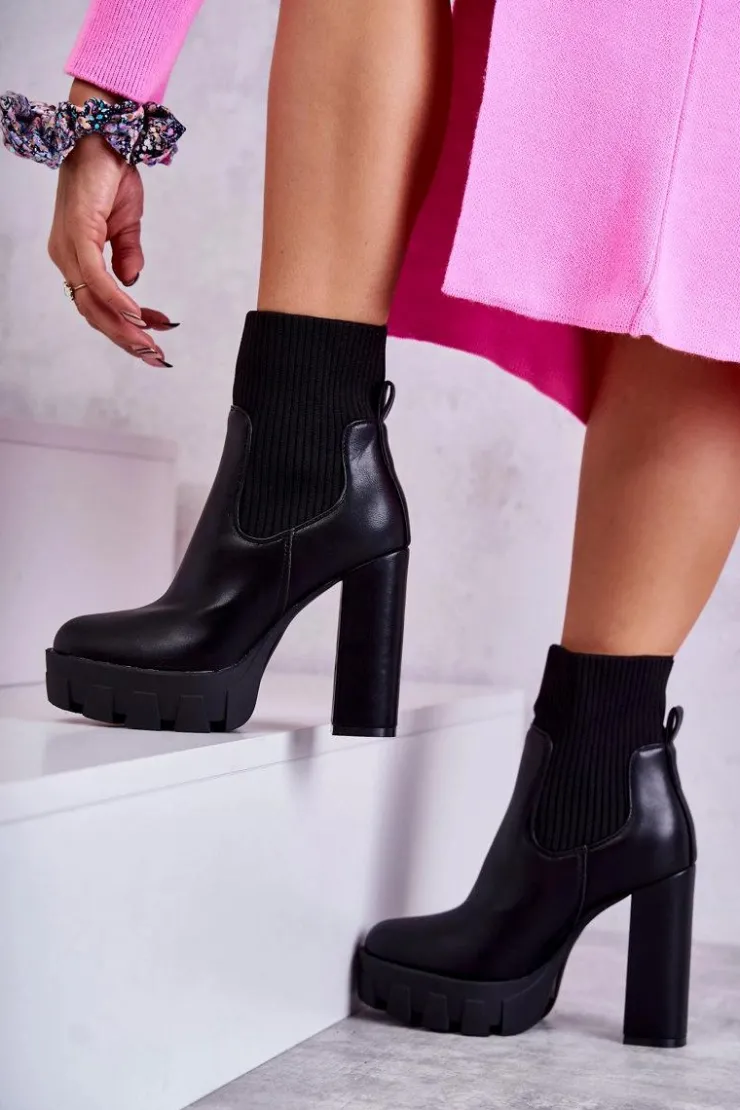 Sale Boto Damskie Skórzane Botki Ze Skarpetą Czarne Adalyn