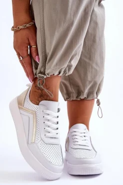 Evento Sneakersy Damskie*Damskie Skórzane Buty Sportowe Z Perforacją Biało-Złote Carvalo