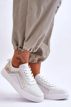 Evento Sneakersy Damskie*Damskie Skórzane Buty Sportowe Z Perforacją Biało-Złote Carvalo