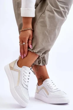 Evento Sneakersy Damskie*Damskie Skórzane Buty Sportowe Z Perforacją Biało-Złote Carvalo