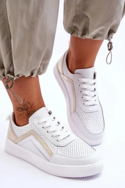 Evento Sneakersy Damskie*Damskie Skórzane Buty Sportowe Z Perforacją Biało-Złote Carvalo