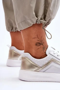 Evento Sneakersy Damskie*Damskie Skórzane Buty Sportowe Z Perforacją Biało-Złote Carvalo