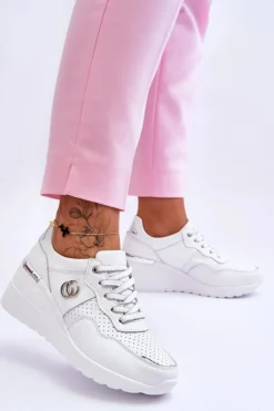 Damskie Damskie buty S.Barski Damskie Skórzane Buty Sportowe Na Koturnie Biało-Srebrne Rebeca