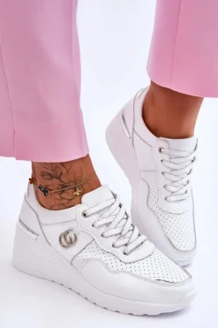 Damskie Damskie buty S.Barski Damskie Skórzane Buty Sportowe Na Koturnie Biało-Srebrne Rebeca