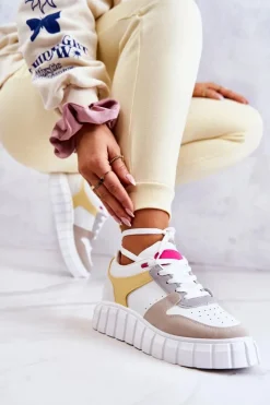 Boto Sneakersy Damskie*Damskie Skórzane Buty Sportowe Biało-Beżowe Florentine