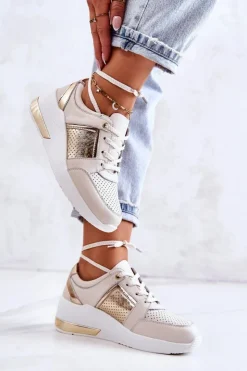 Damskie Damskie buty S.Barski Damskie Skórzane Buty Sportowe Na Koturnie Beżowo-Białe Larson