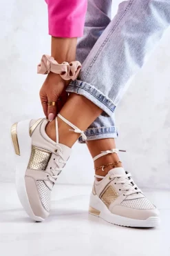 Damskie Damskie buty S.Barski Damskie Skórzane Buty Sportowe Na Koturnie Beżowo-Białe Larson