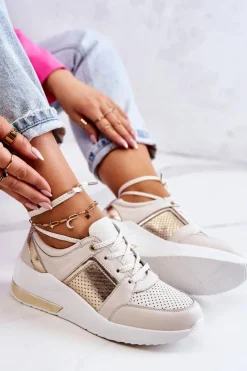 Damskie Damskie buty S.Barski Damskie Skórzane Buty Sportowe Na Koturnie Beżowo-Białe Larson