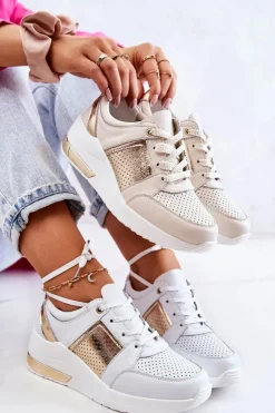 Damskie Damskie buty S.Barski Damskie Skórzane Buty Sportowe Na Koturnie Beżowo-Białe Larson