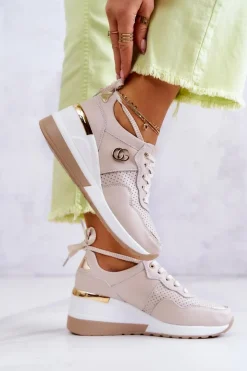 New Damskie buty S.Barski Damskie Skórzane Buty Sportowe Sneakersy Beżowe Loissa