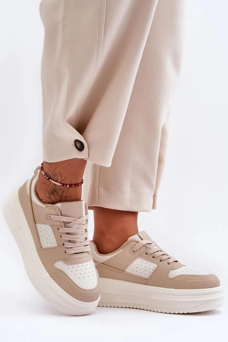 Boto Sneakersy Damskie*Damskie Skórzane Buty Sportowe Na Masywnej Platformie Beżowe Belisso