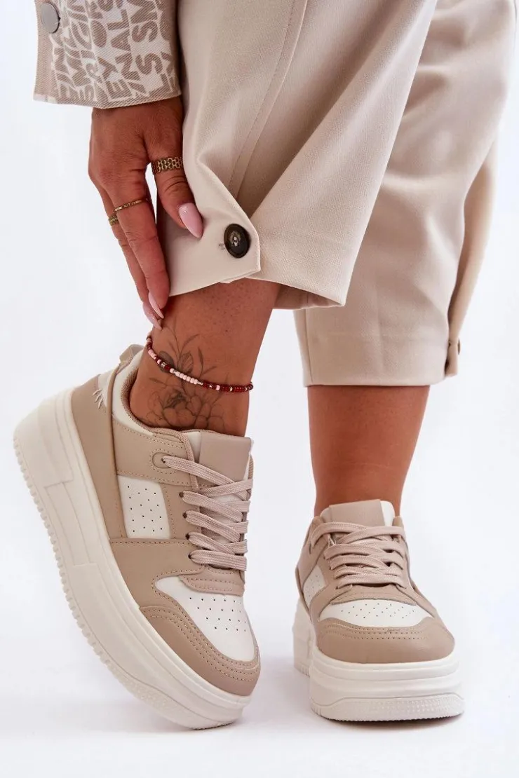 Boto Sneakersy Damskie*Damskie Skórzane Buty Sportowe Na Masywnej Platformie Beżowe Belisso