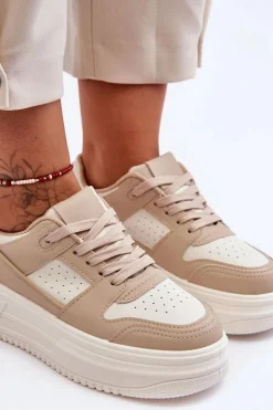 Boto Sneakersy Damskie*Damskie Skórzane Buty Sportowe Na Masywnej Platformie Beżowe Belisso
