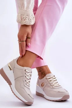 Damskie buty S.Barski Sneakersy Damskie*Damskie Skórzane Buty Sportowe Na Koturnie Beżowe Rebeca