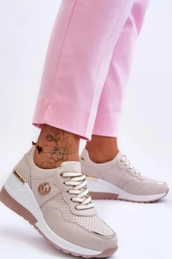 Damskie buty S.Barski Sneakersy Damskie*Damskie Skórzane Buty Sportowe Na Koturnie Beżowe Rebeca