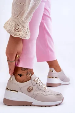 Damskie buty S.Barski Sneakersy Damskie*Damskie Skórzane Buty Sportowe Na Koturnie Beżowe Rebeca