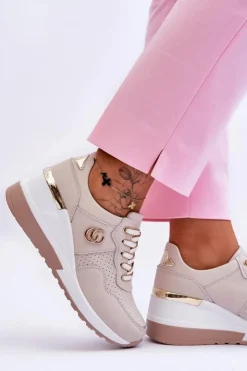 Damskie buty S.Barski Sneakersy Damskie*Damskie Skórzane Buty Sportowe Na Koturnie Beżowe Rebeca