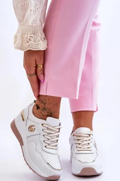 Damskie Damskie buty S.Barski Damskie Skórzane Buty Sportowe Na Koturnie Biało-Złote Rebeca