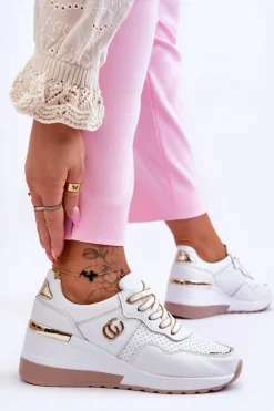 Damskie Damskie buty S.Barski Damskie Skórzane Buty Sportowe Na Koturnie Biało-Złote Rebeca