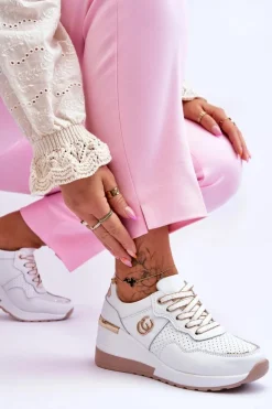 Damskie Damskie buty S.Barski Damskie Skórzane Buty Sportowe Na Koturnie Biało-Złote Rebeca