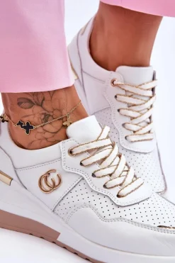 Damskie Damskie buty S.Barski Damskie Skórzane Buty Sportowe Na Koturnie Biało-Złote Rebeca