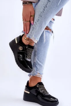 Hot Damskie buty S.Barski Damskie Skórzane Buty Sportowe Na Koturnie Czarne Rebeca