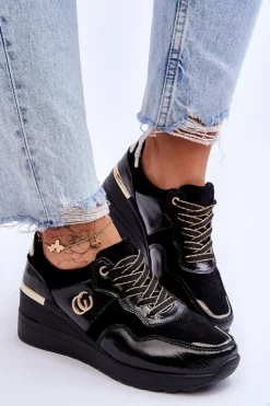 Hot Damskie buty S.Barski Damskie Skórzane Buty Sportowe Na Koturnie Czarne Rebeca