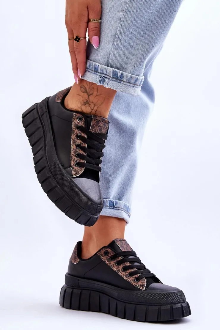 Damskie Boto Damskie Skórzane Buty Sportowe Na Platformie Czarne Alison