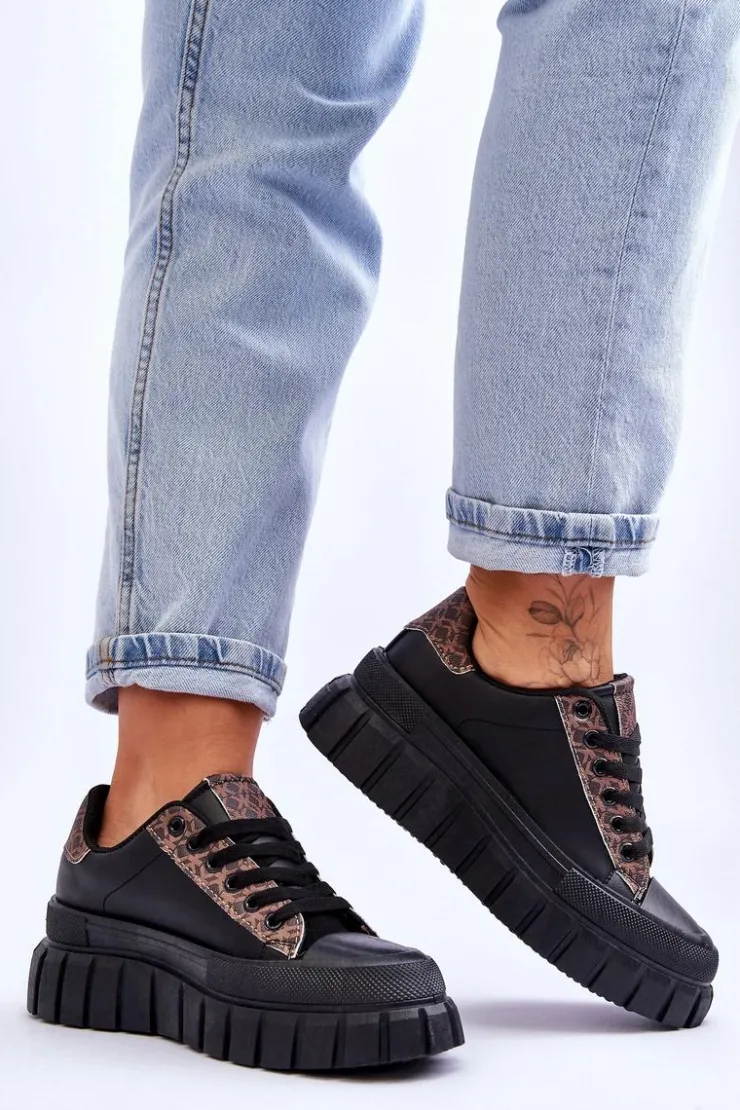 Damskie Boto Damskie Skórzane Buty Sportowe Na Platformie Czarne Alison