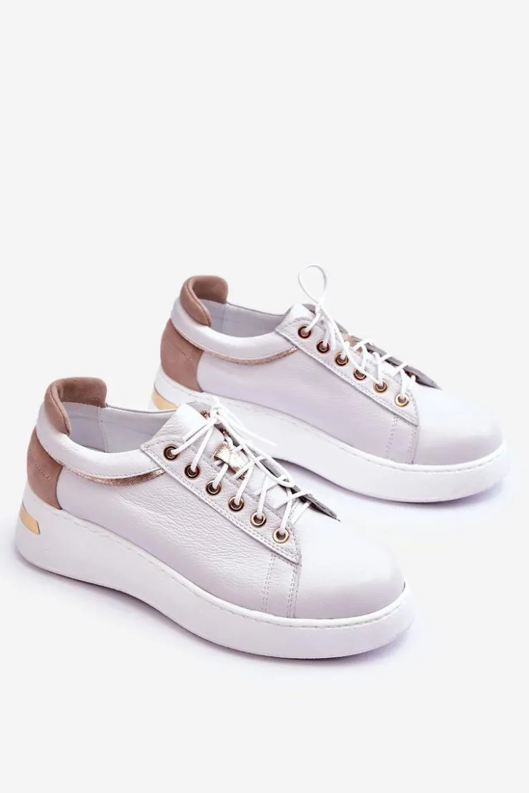 Damskie Boto Damskie Skórzane Buty Sportowe Na Platformie Białe Caressa